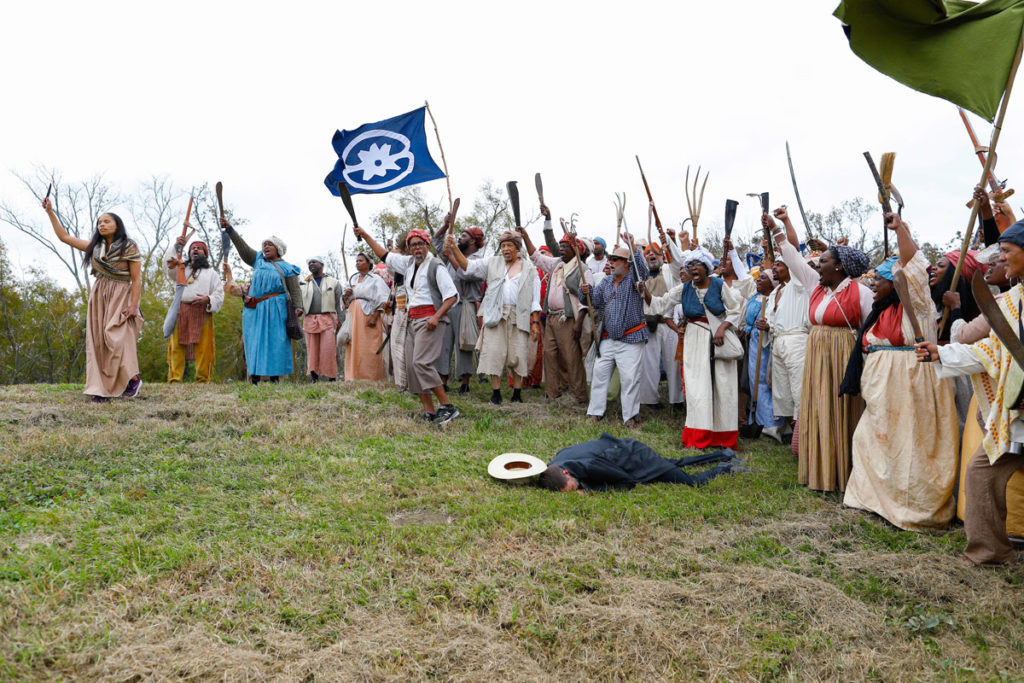 Documentation of Slave Rebellion Reenactment, a community engaged performance initiated by Dread Scott. Performend November 8-9, 2019 in the outskirts of New Orelans. Photographed by Soul Brother